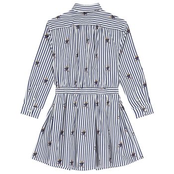 Girls White & Blue Polo Bear Striped Dress
