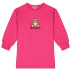 Girls Pink Teddy Bear Logo Swearshirt Dress, 3, hi-res