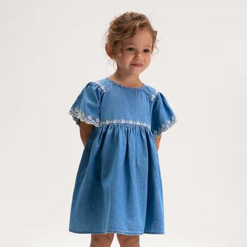 Girls Denim Blue Floral Lace Dress