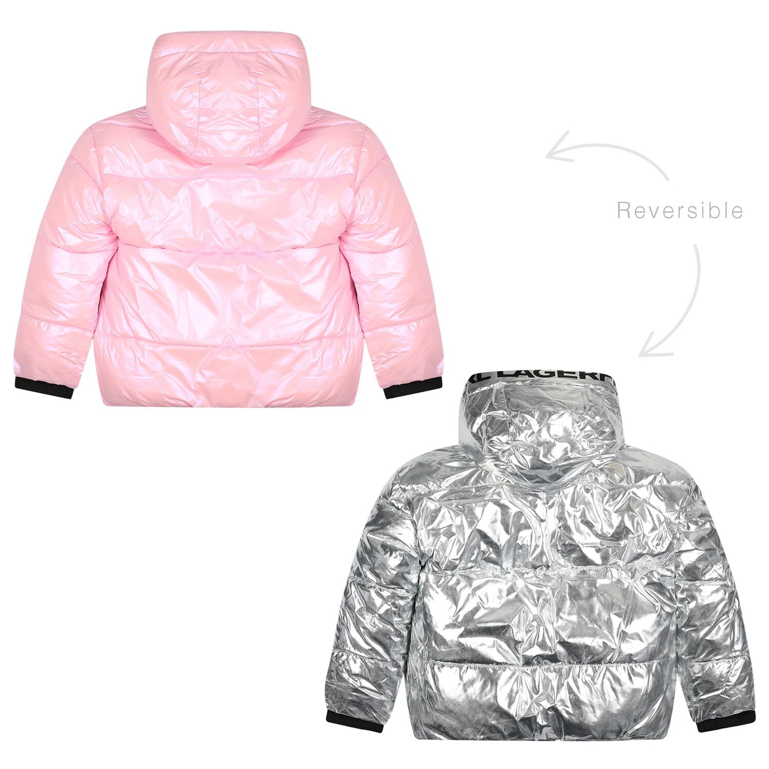 Girls Silver & Pink Reversible Puffer Jacket, 1, hi-res
