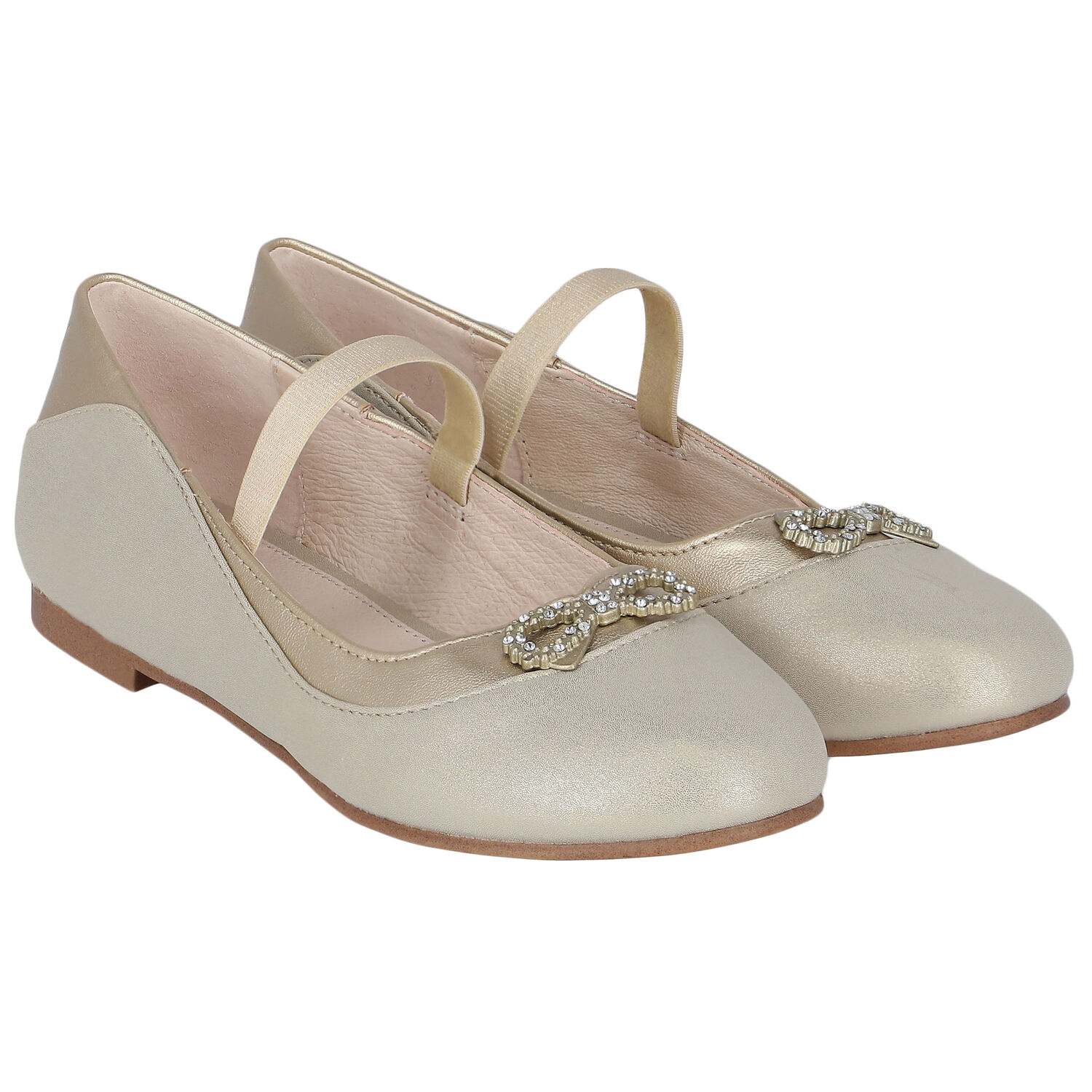 Girls Gold Diamante Bow Shoes, 1, hi-res