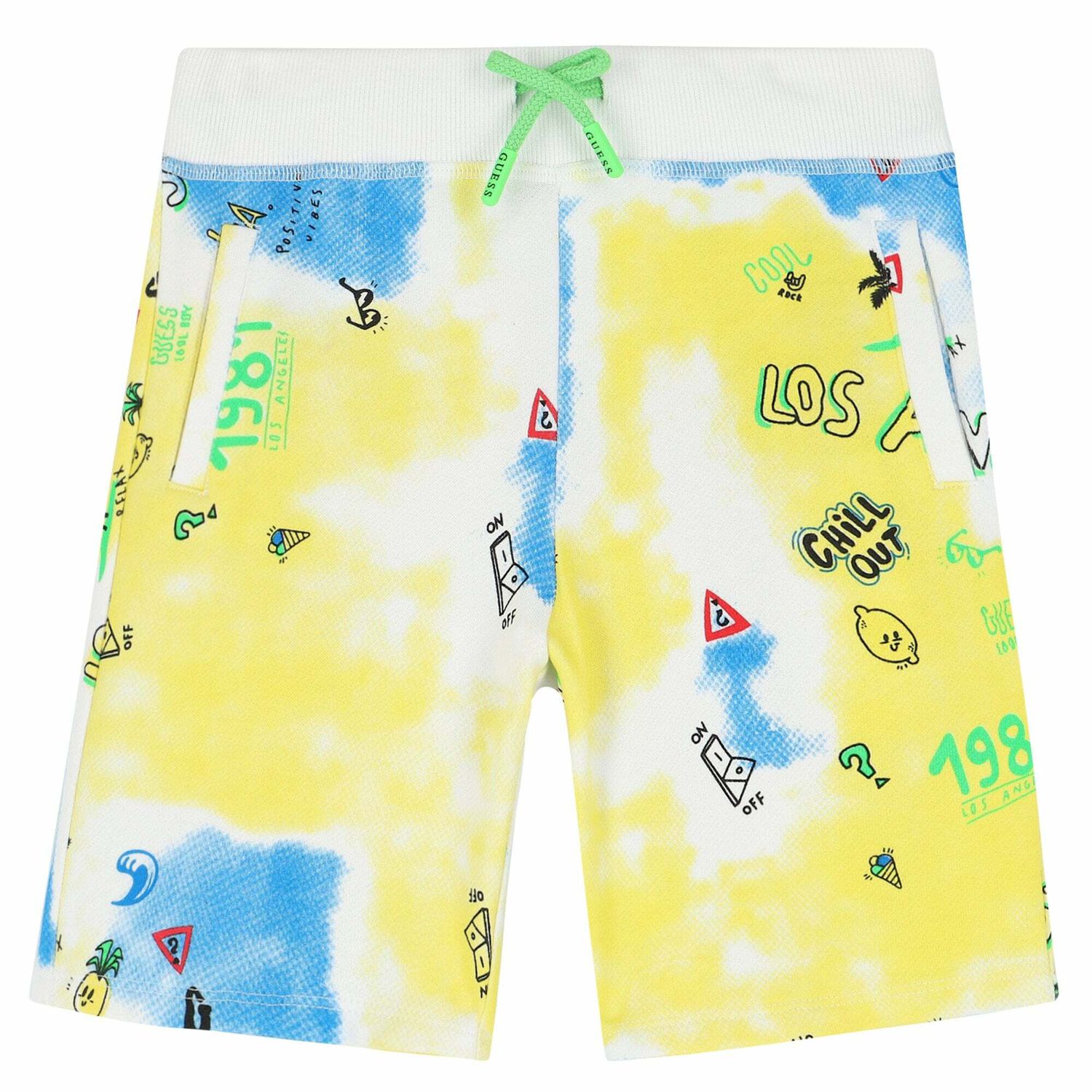 Boys White, Yellow & Blue Logo Shorts, 1, hi-res