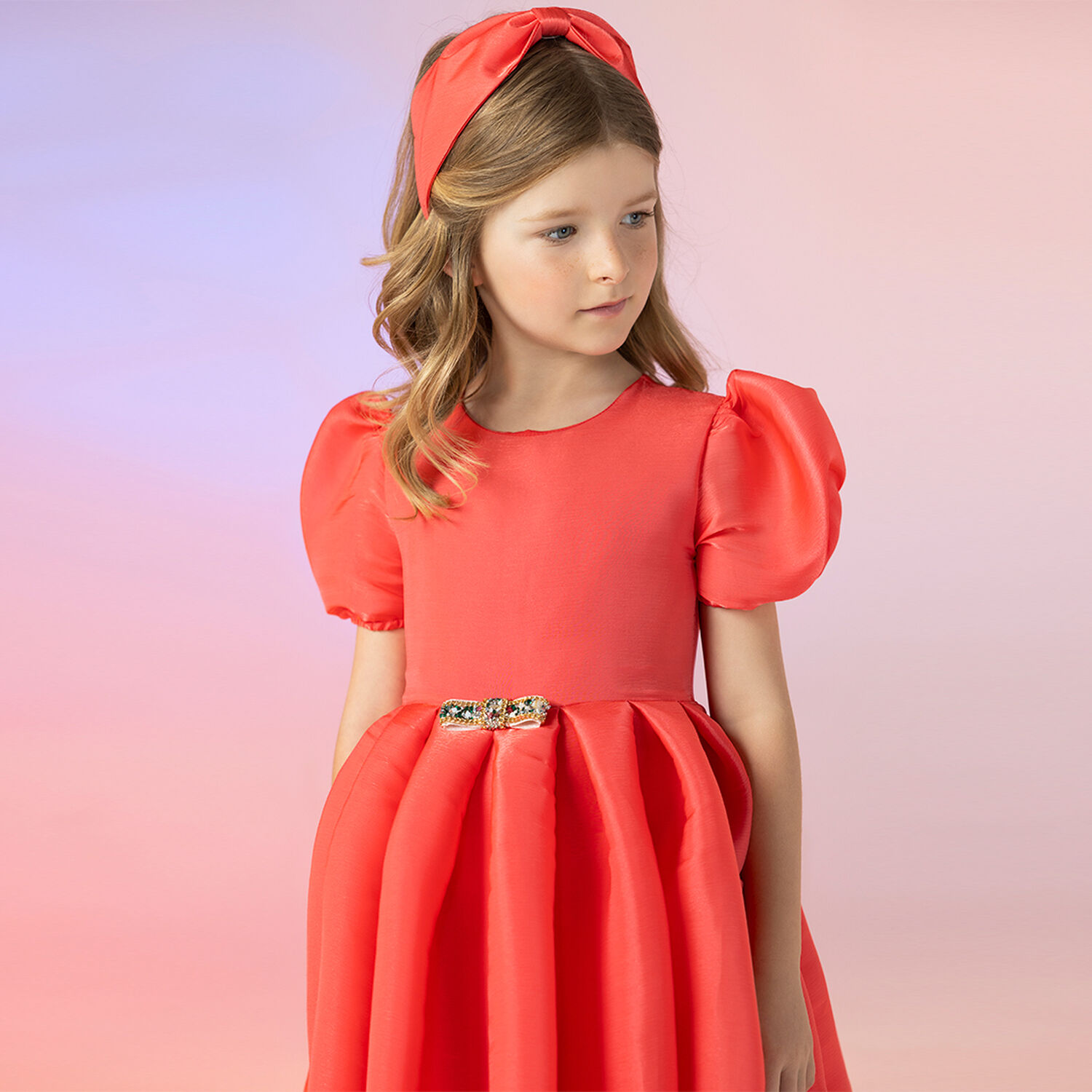 Girls Coral Organza Dress, 1, hi-res