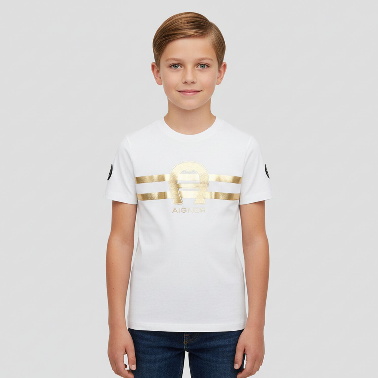 Boys White & Gold Logo T-Shirt, 1, hi-res