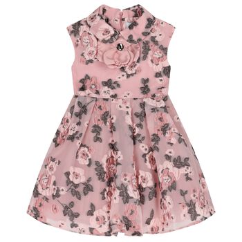 Girls Pink Floral Organza Brocade Dress