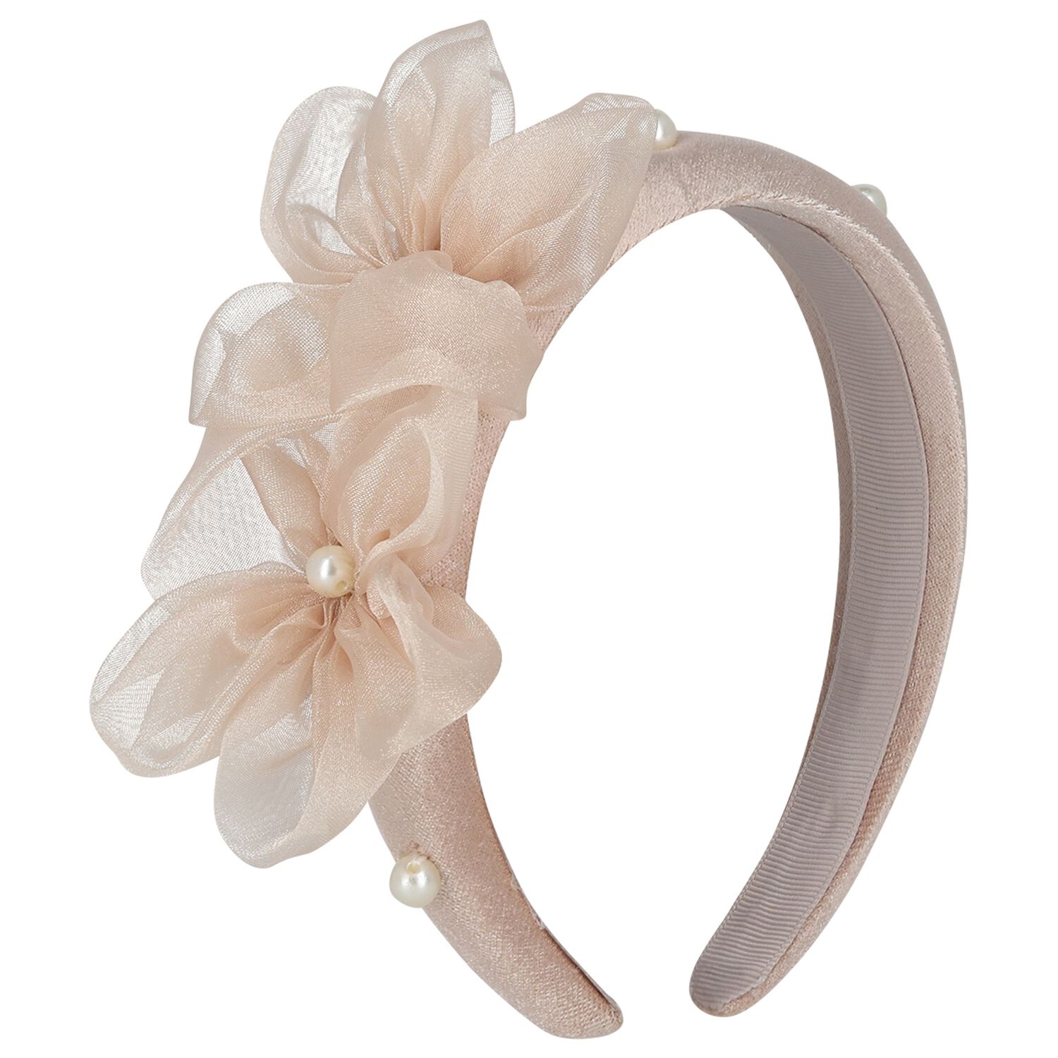 Girls Pink Pearl Velvet Headband, 4, hi-res