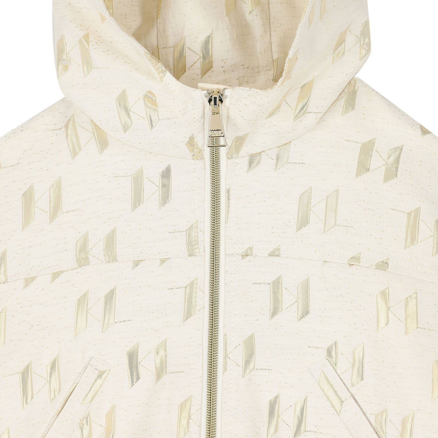 Girls Ivory & Gold Hooded Zip Up Top, 1, hi-res