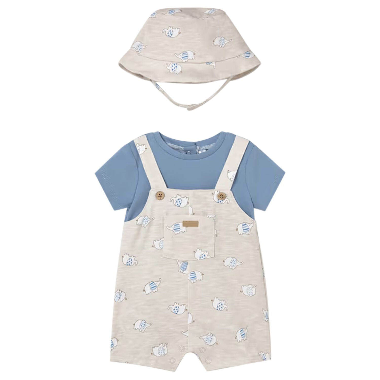 Baby Boys Blue & Beige Dungaree & Hat Set, 1, hi-res