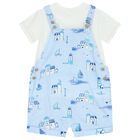 Baby Boys Blue & White Dungaree & Hat Set, 2, hi-res