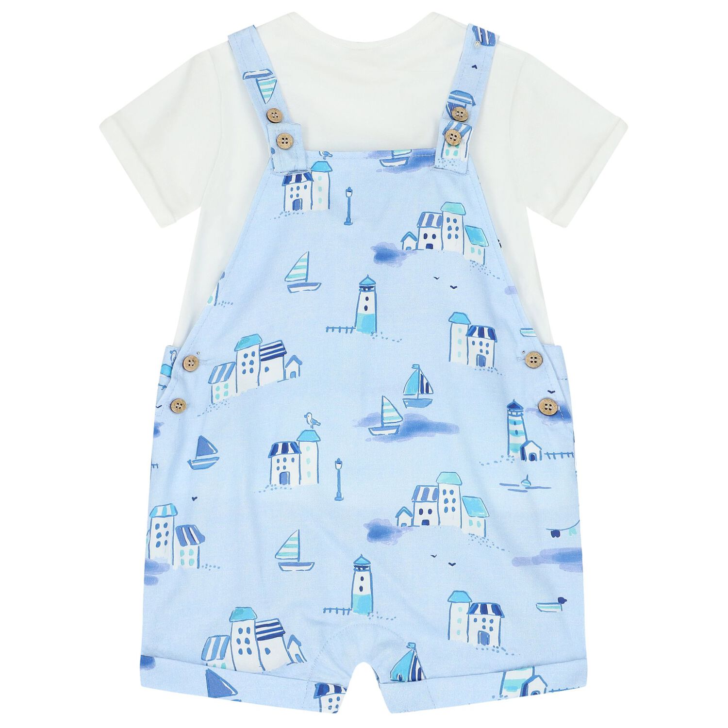 Baby Boys Blue & White Dungaree & Hat Set, 2, hi-res image number null