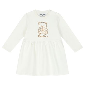 Younger Girls Ivory Teddy Bear Logo Dress