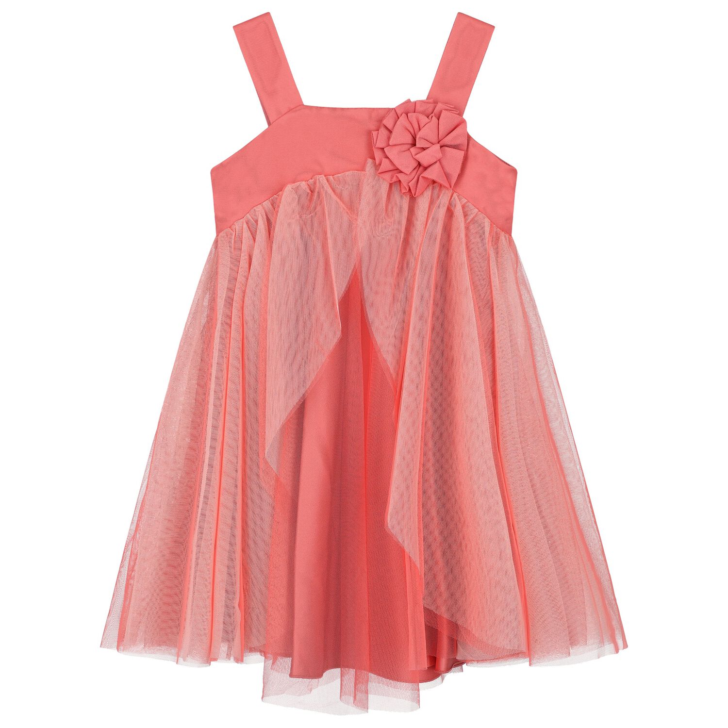 Girls Coral Flower Tulle Dress, 1, hi-res