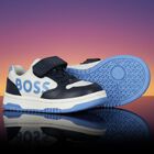 Boys Navy Blue, Blue & White Logo Trainers, 2, hi-res