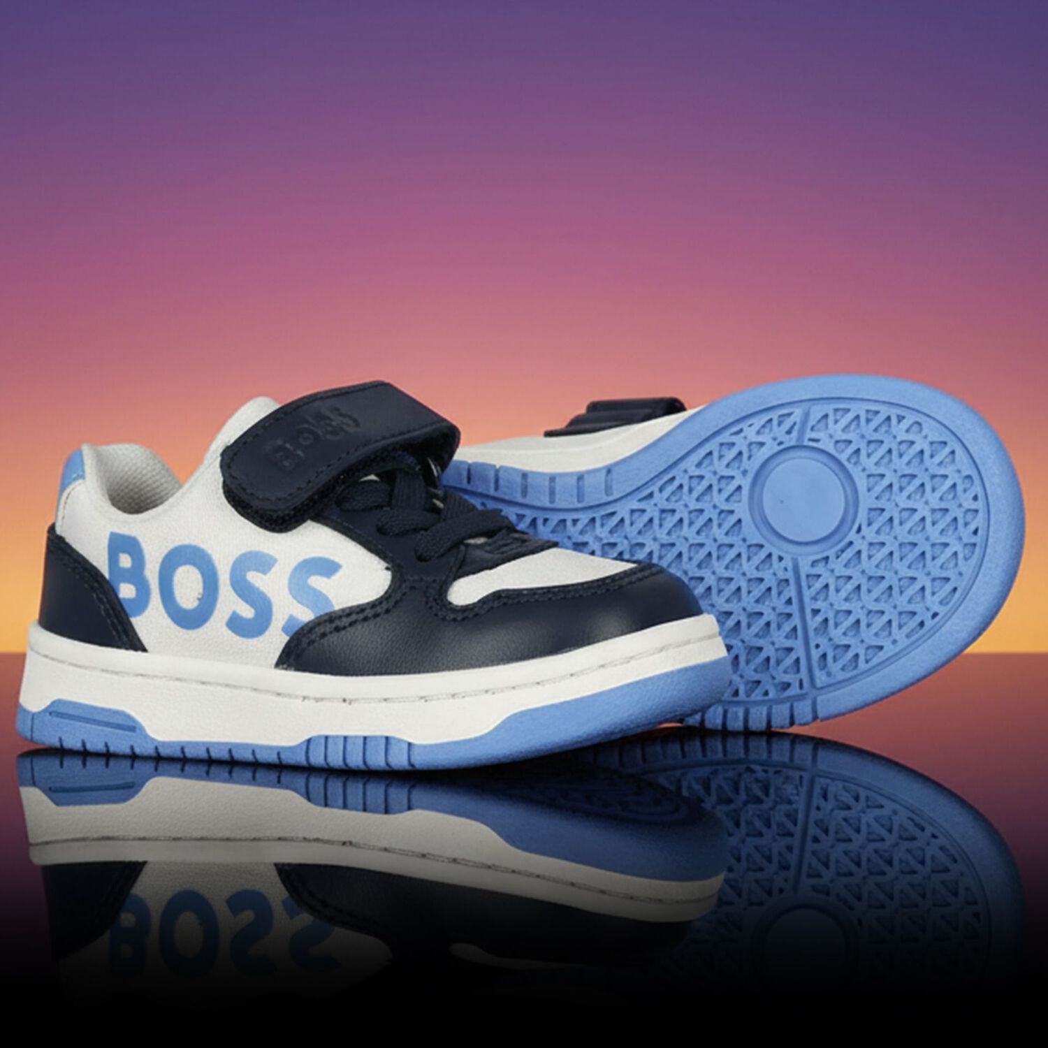 Boys Navy Blue, Blue & White Logo Trainers, 2, hi-res