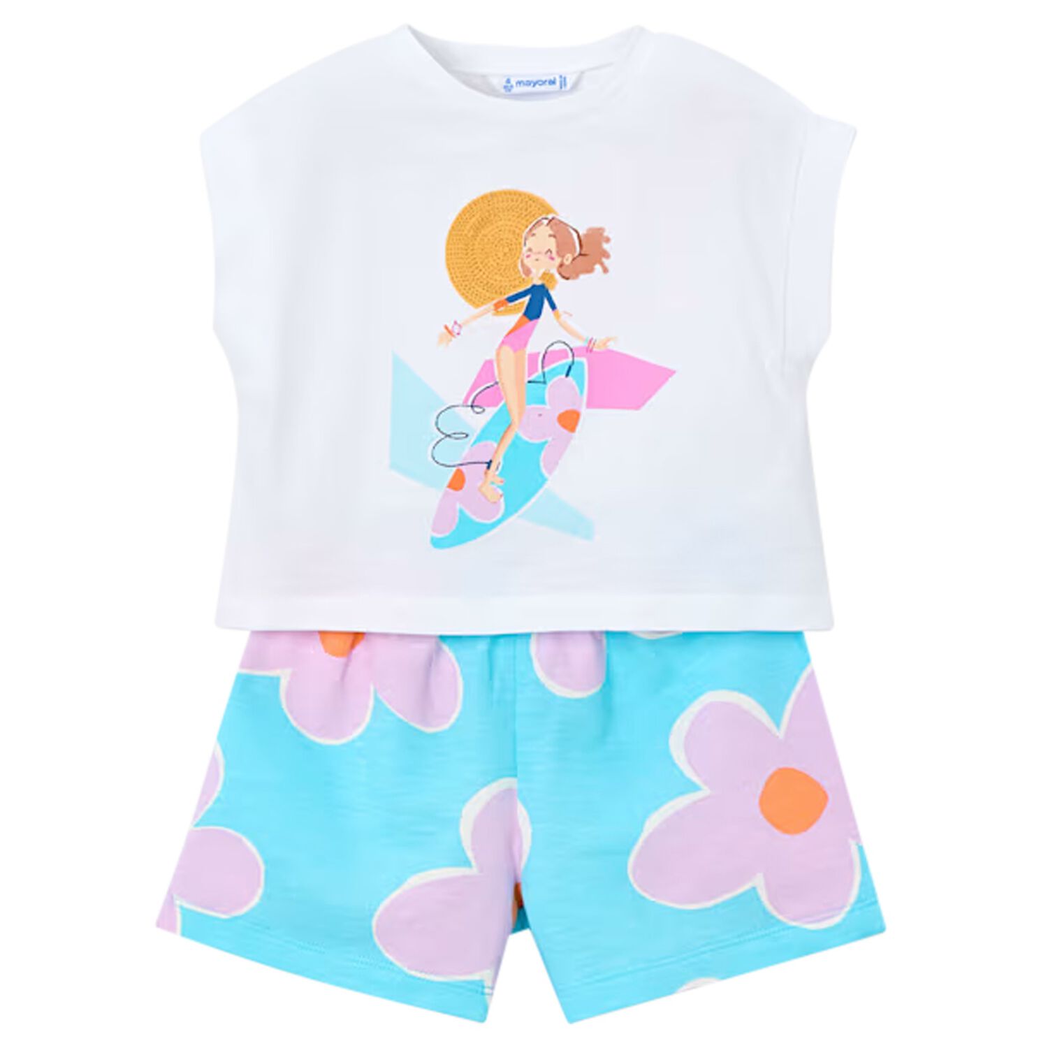 Girls White & Aqua Floral Shorts Set, 2, hi-res