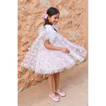 Girls White & Pink Tulle Flowers Dress