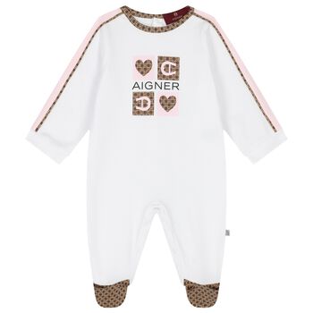 Baby Girls White & Pink Logo Babygrow