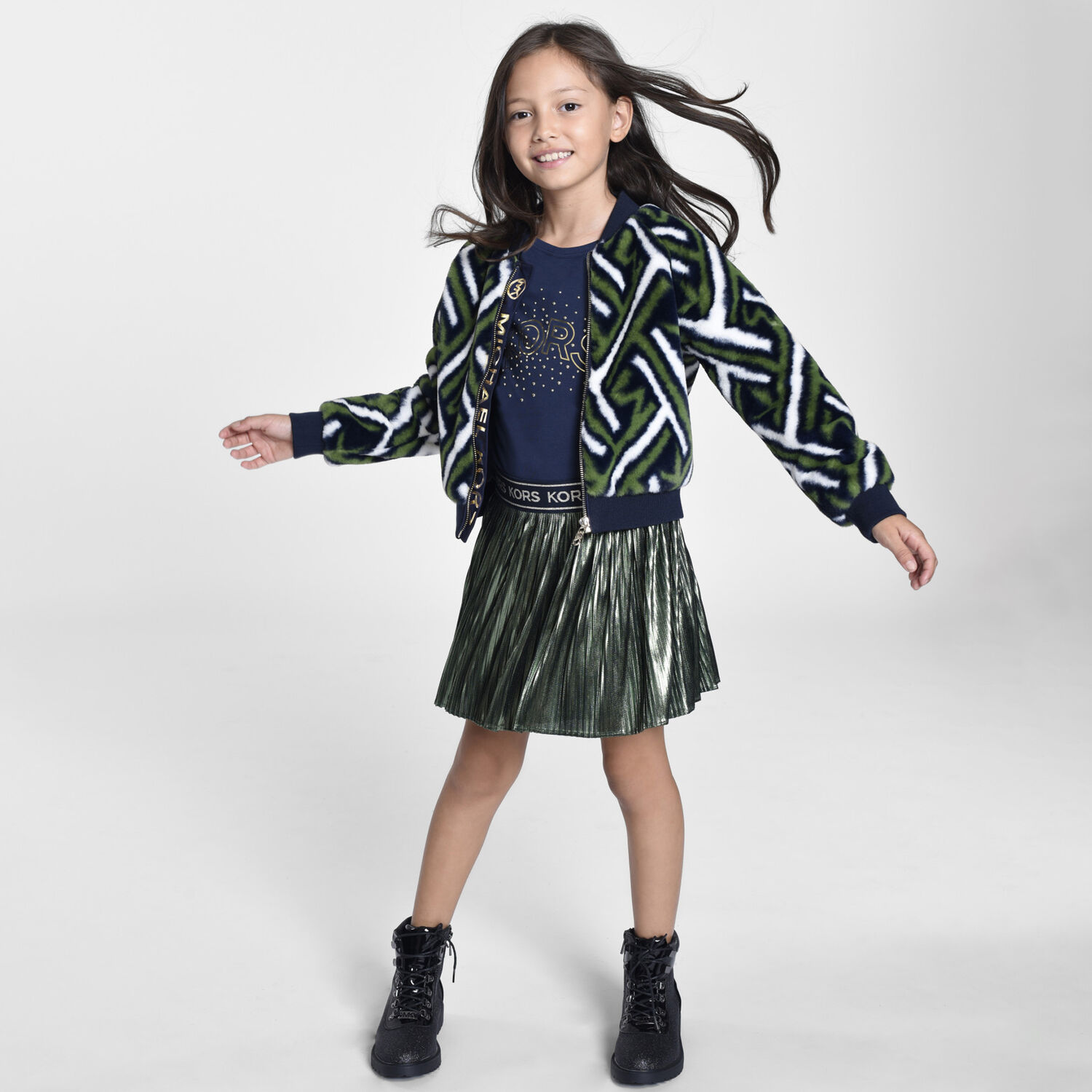 Girls Green Logo Pleated Skirt, 1, hi-res