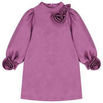 Girls Pink Flowers Satin Dress