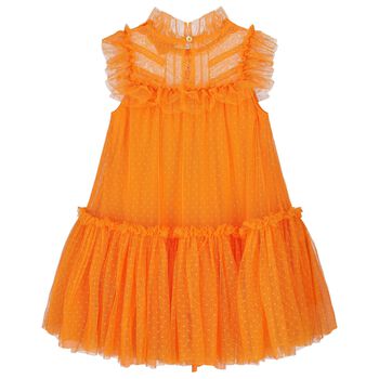 Girls Orange Dotted Tulle Dress
