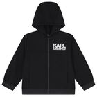 Boys Black Logo Hooded Zip Up Top, 1, hi-res