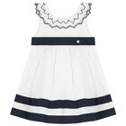 Younger Girls White & Navy Blue Dress, 1, hi-res