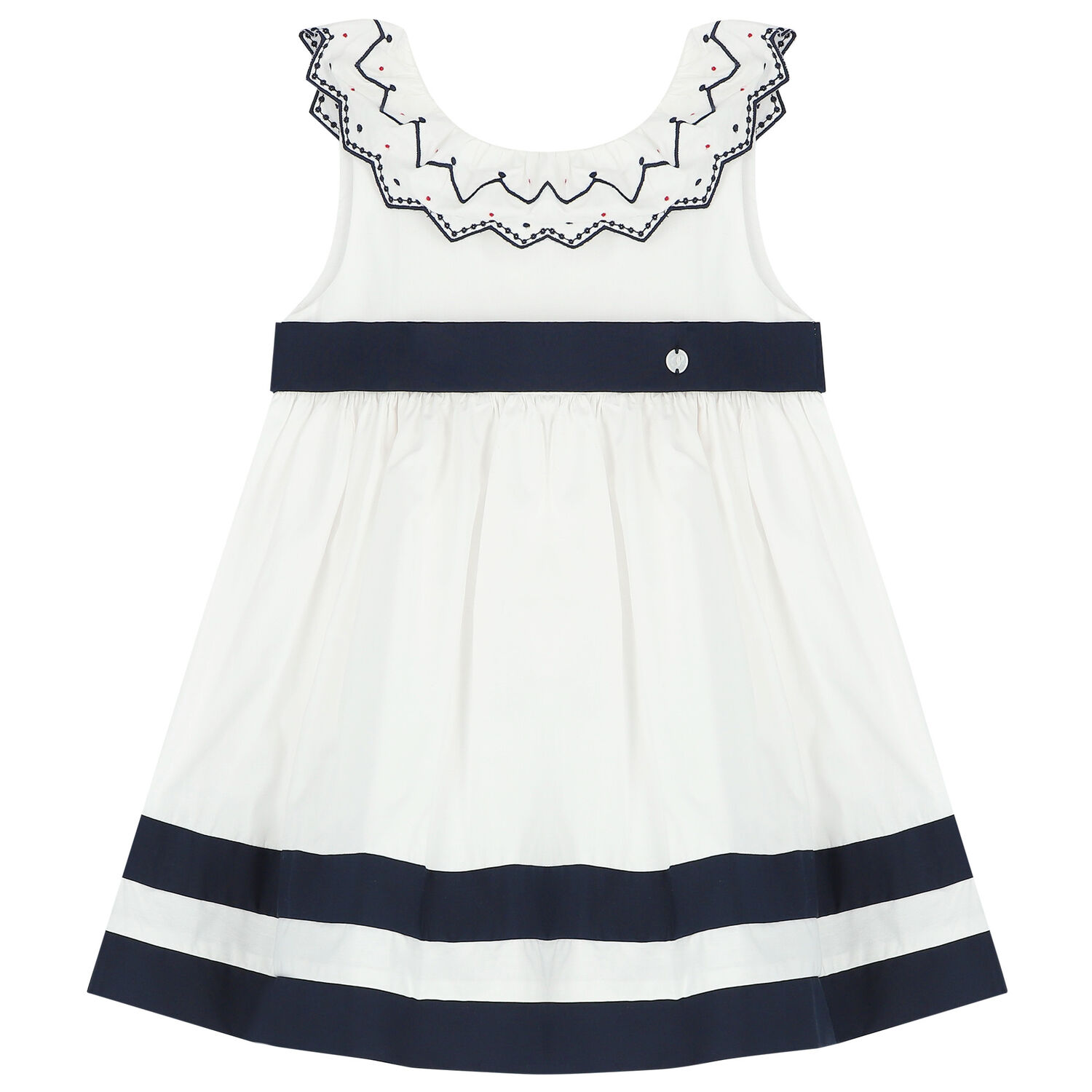 Younger Girls White & Navy Blue Dress, 1, hi-res