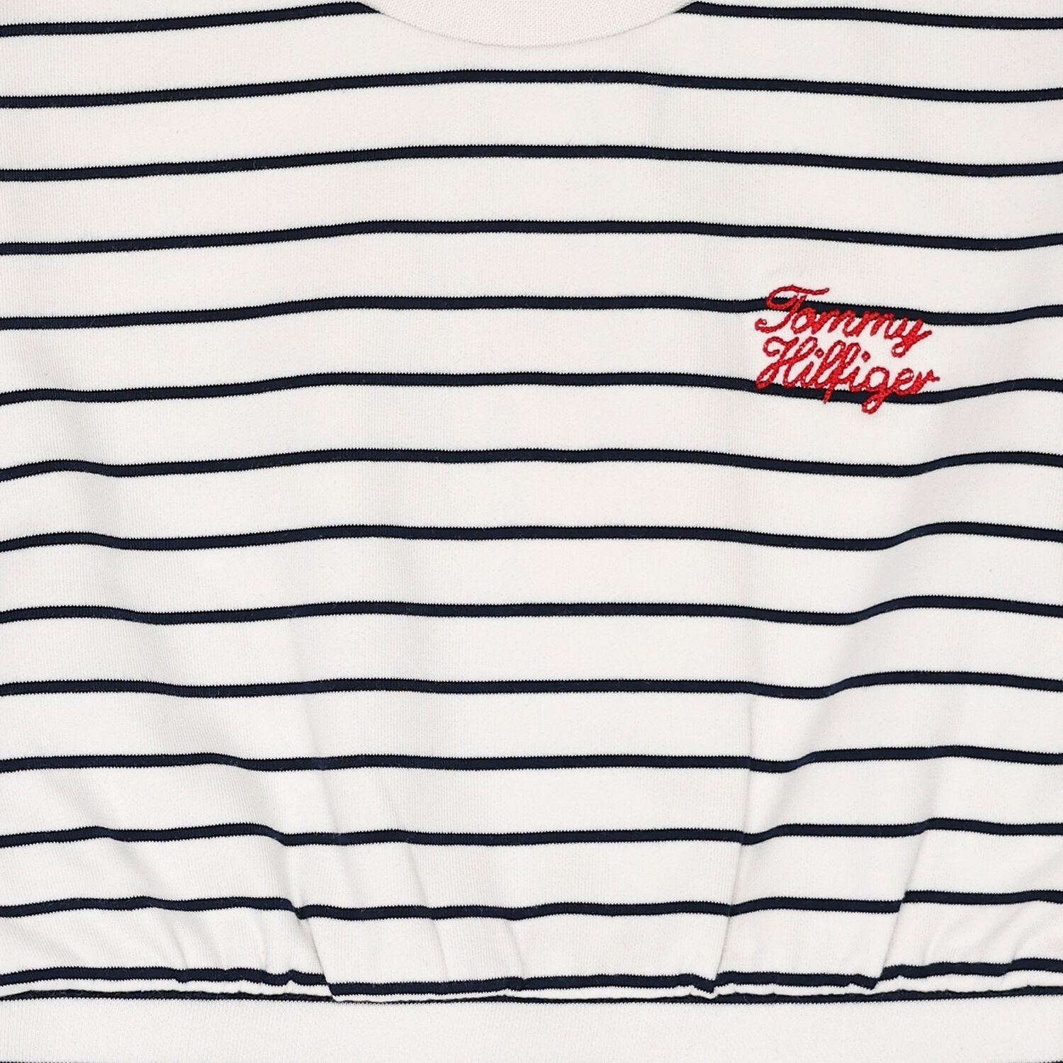 Girls Ivory & Navy Blue Striped Logo Dress, 1, hi-res