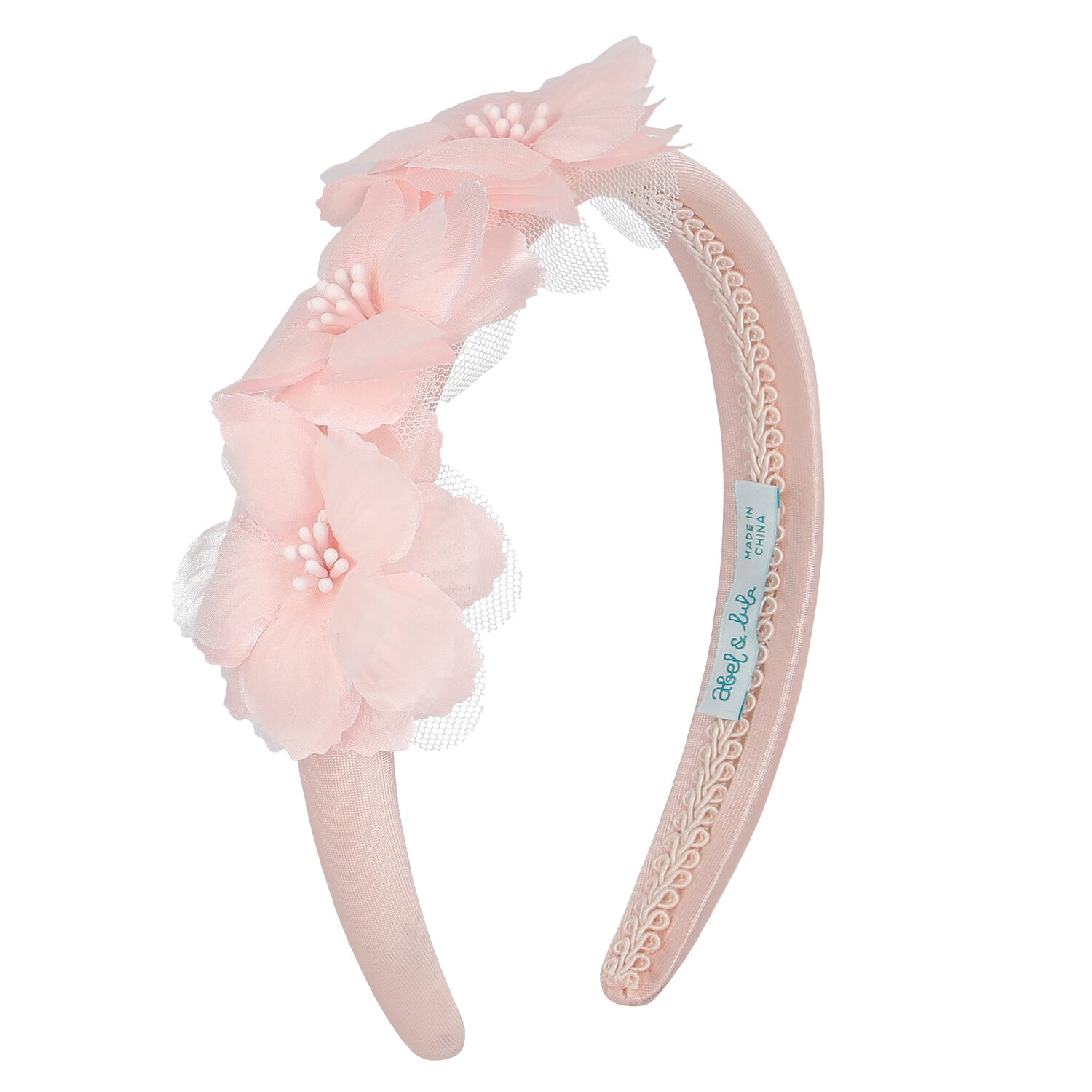 Girls Pink Floral Satin Headband, 1, hi-res