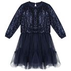 Girls Navy Blue Embellished Tulle Dress, 1, hi-res