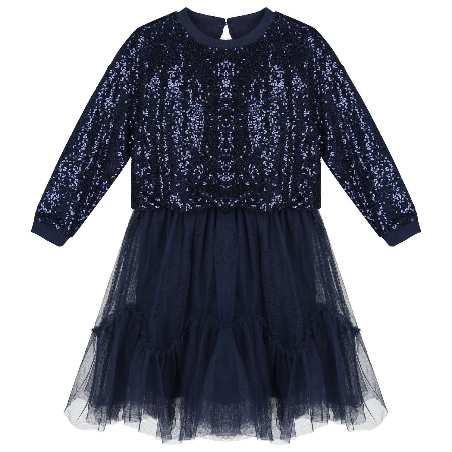 Girls Navy Blue Embellished Tulle Dress, 1, hi-res