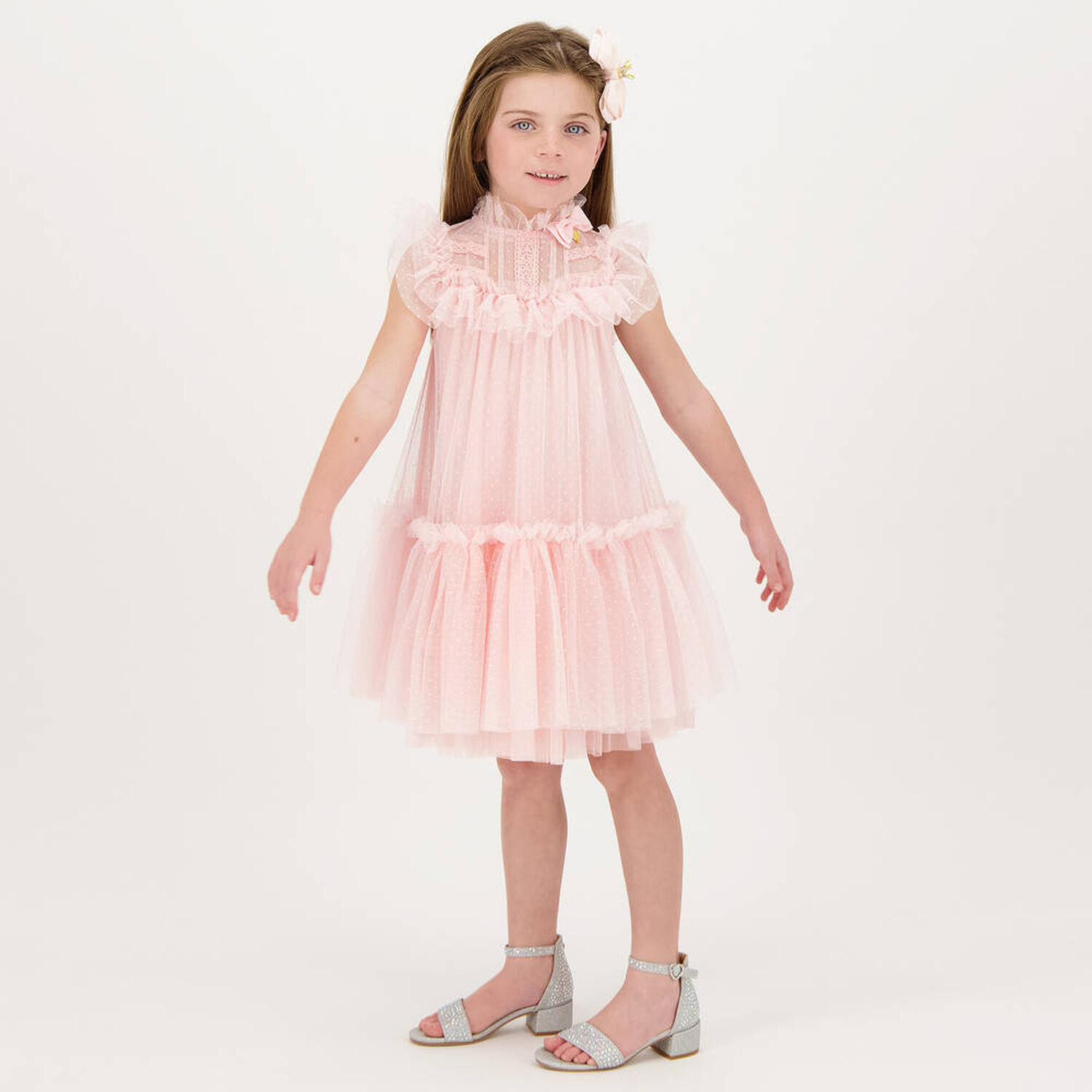 Girls Pink Dotted Tulle Dress, 2, hi-res