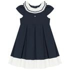 Girls Navy Blue Ruffled Collar Pleated Dress, 1, hi-res