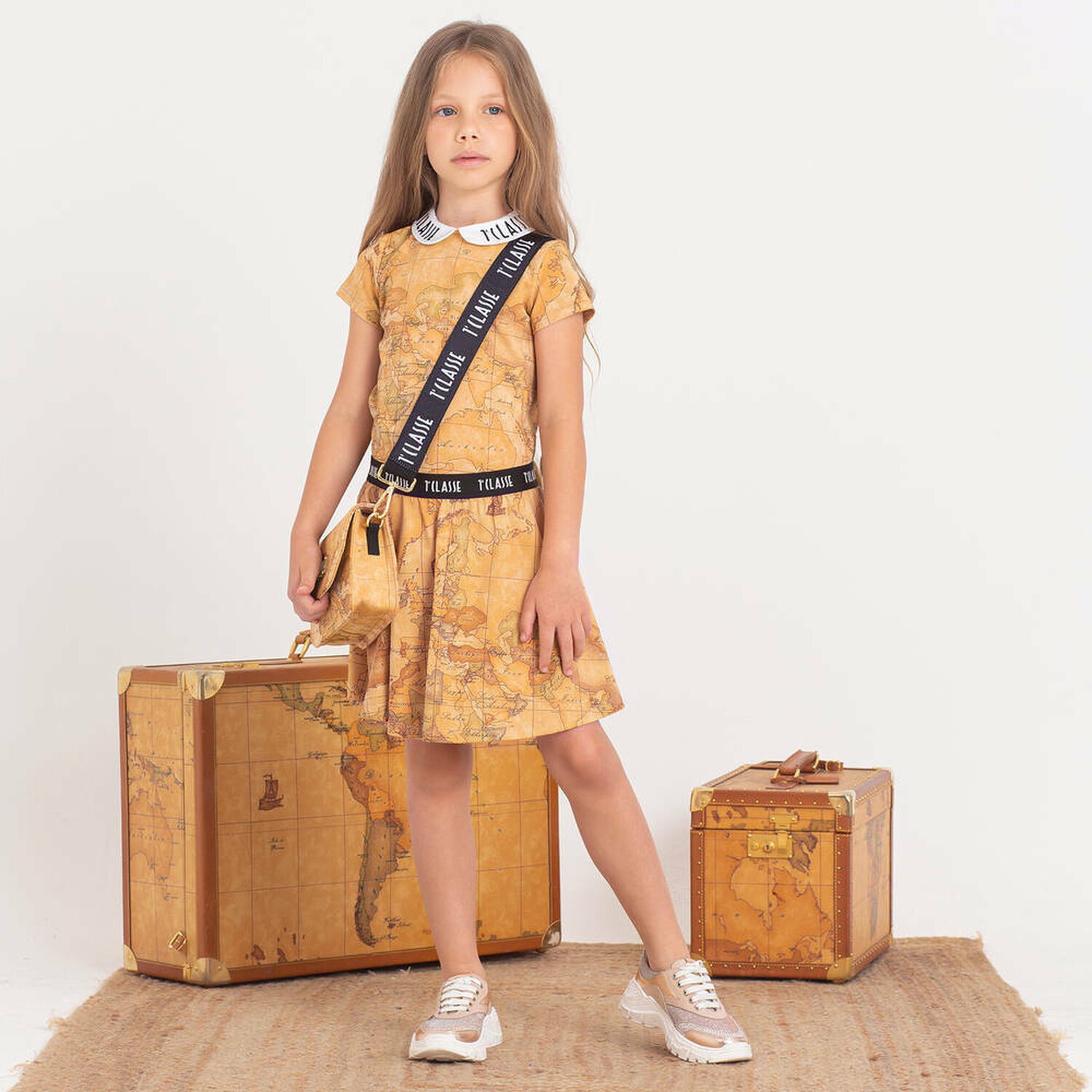 Girls Beige Geo Map Skirt, 1, hi-res