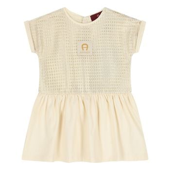 Younger Girls Ivory & Gold Logo Dress