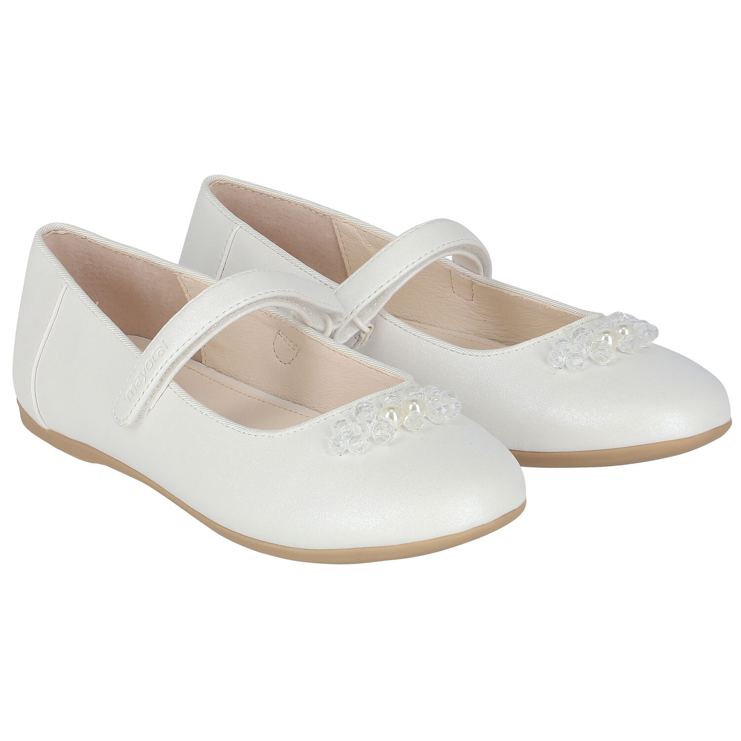 Girls White Pearl & Crystal Ballerina Shoes, 2, hi-res