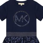 Girls Navy Blue Logo Sequin Dress, 1, hi-res