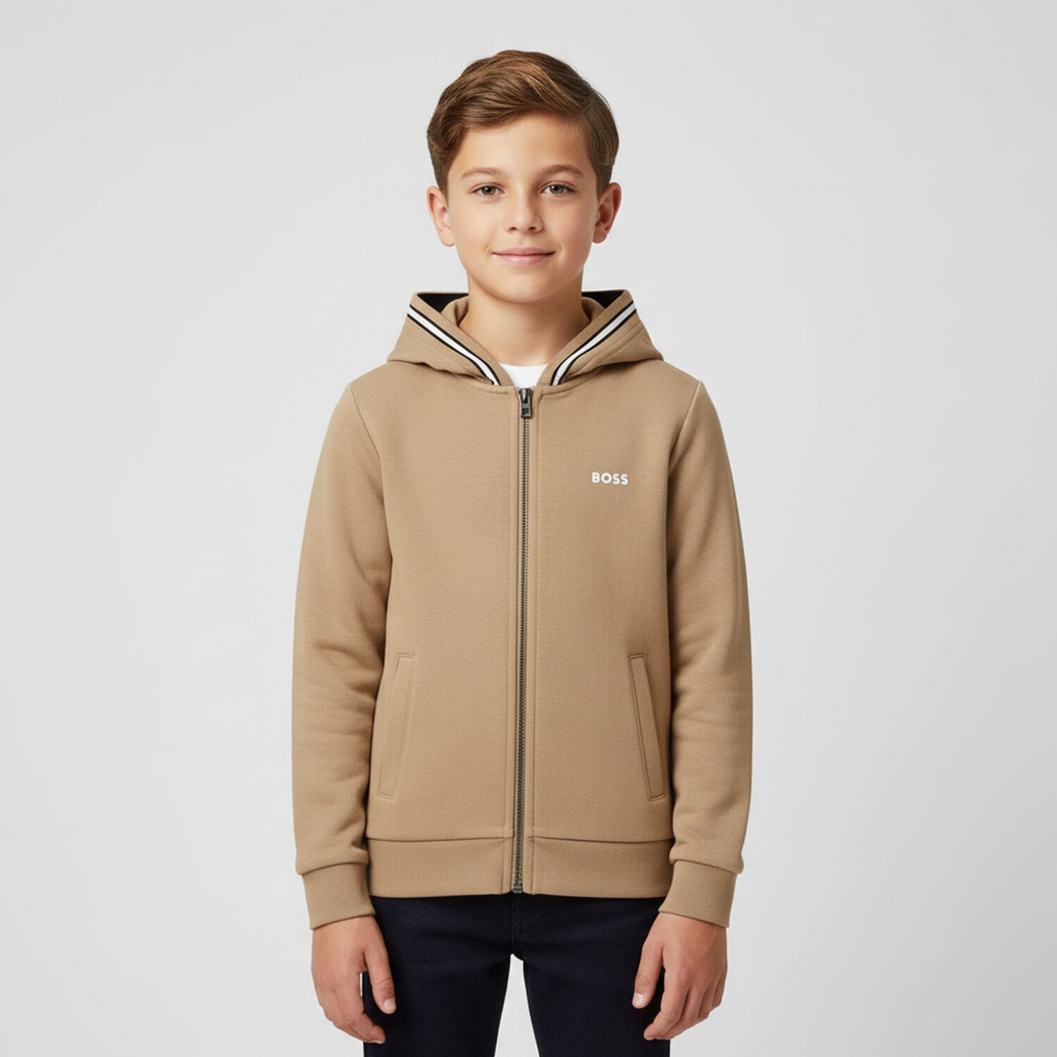 Boys Beige Logo Hooded Zip Up Top, 2, hi-res image number null