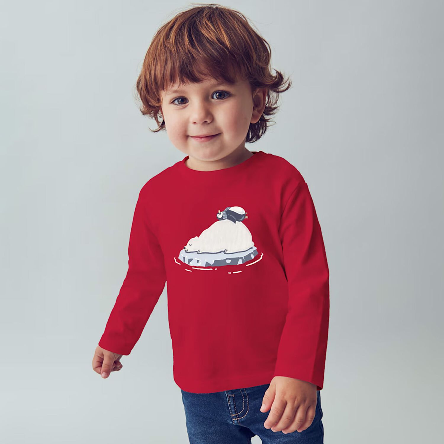 Younger Boys Burgundy Polar Animals Long Sleeve Top, 1, hi-res
