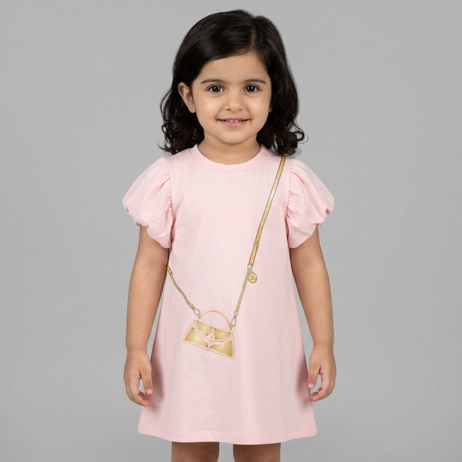 Younger Girls Pink Bag Logo Dress, 2, hi-res