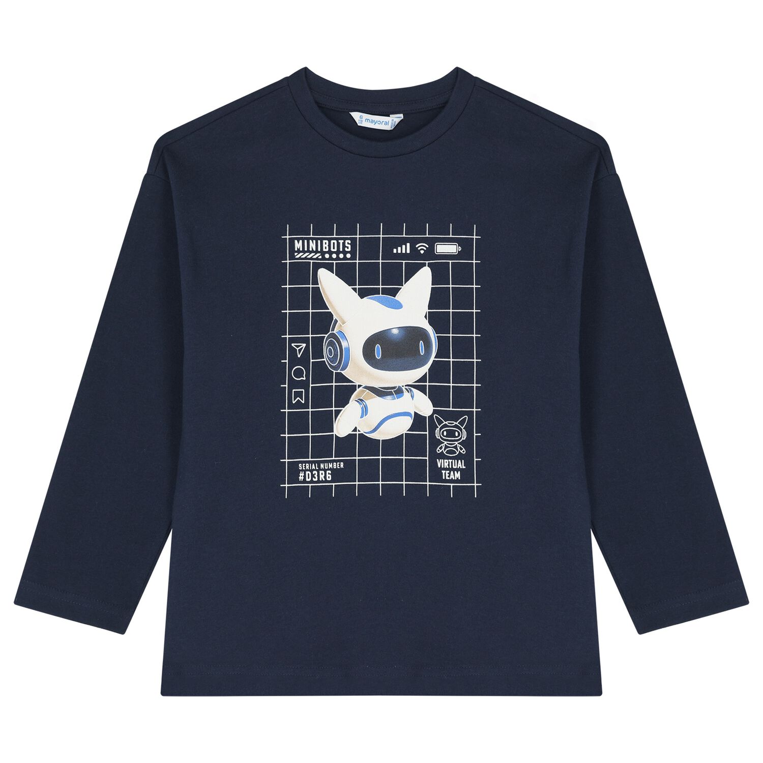 Boys Navy Blue Glow In The Dark Robot Long Sleeve Top, 1, hi-res