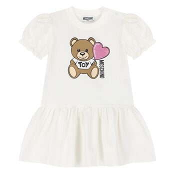 Younger Girls Ivory Teddy Bear Logo Dress