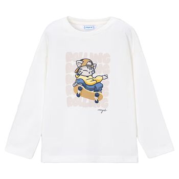 Boys Ivory Cat Long Sleeve Top