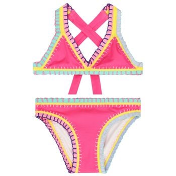 Girls Pink Embroidered Bikini