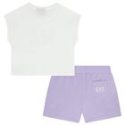 Girls White & Purple Logo Shorts Set, 2, hi-res
