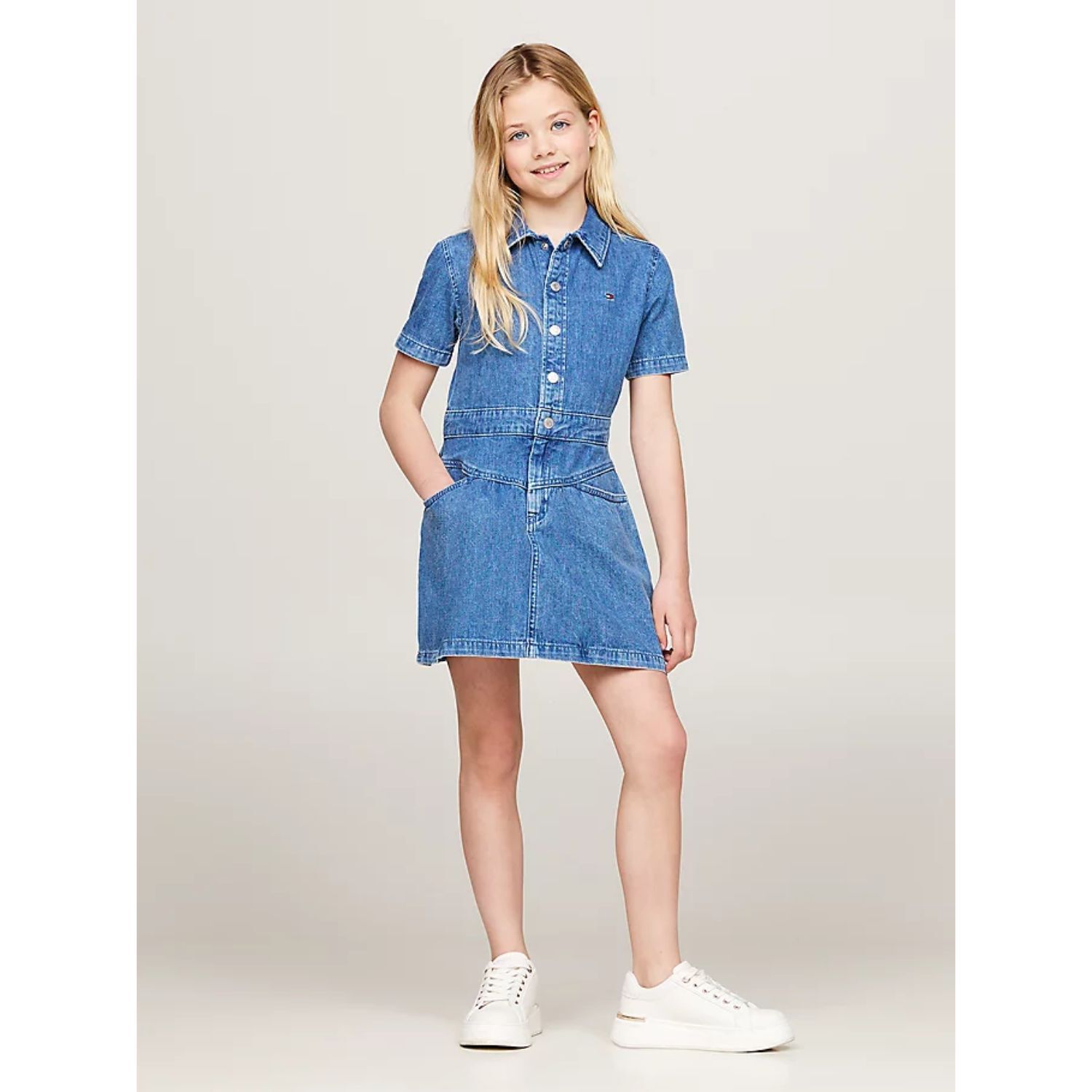 Girls Blue Logo Denim Dress, 1, hi-res