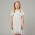 Girls White Floral Ruffled Tulle Dress, 1, hi-res