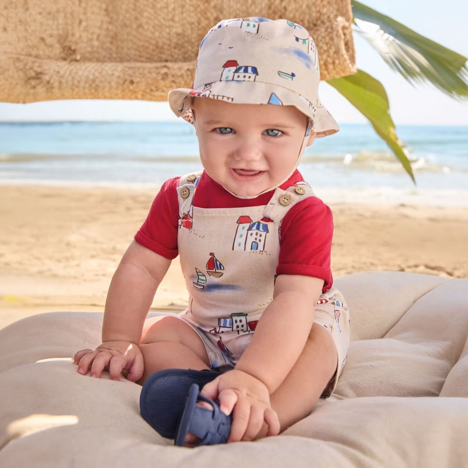 Baby Boys Red & Ivory Dungaree & Hat Set, 1, hi-res