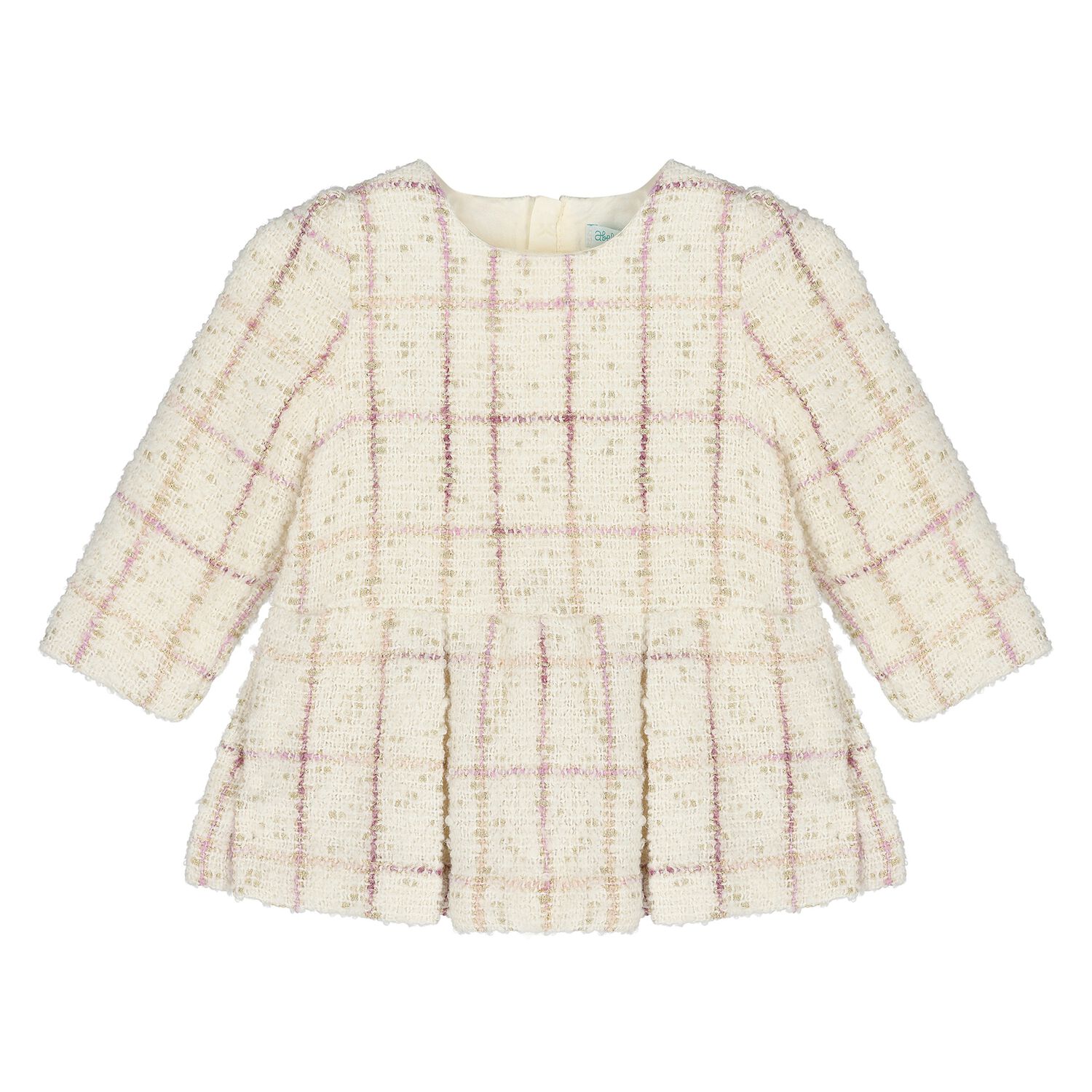 Younger Girls Ivory Plaid Tweed Dress, 1, hi-res