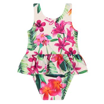 Younger Girls Pink & Ivory Logo Swimsuit